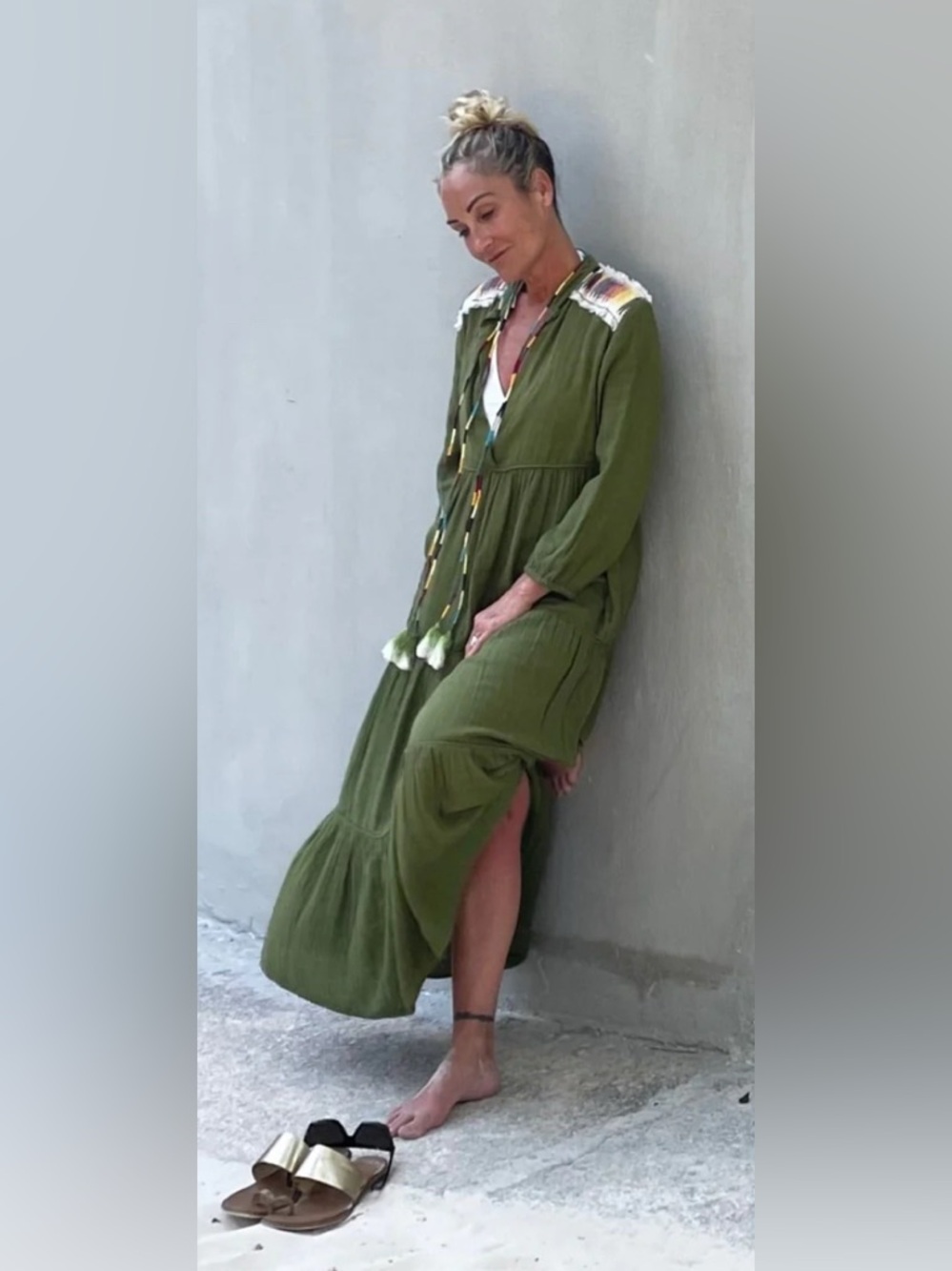 Rocking Gypsy El Matador Maxi Dress Olive Green Tiered w Tassel Tie